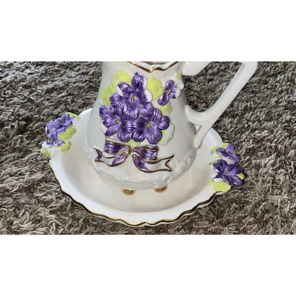 Ornate Victorian Capodimonte Style Pitcher Purple Floral 3D Design Vintage Set - Picture 4 of 12